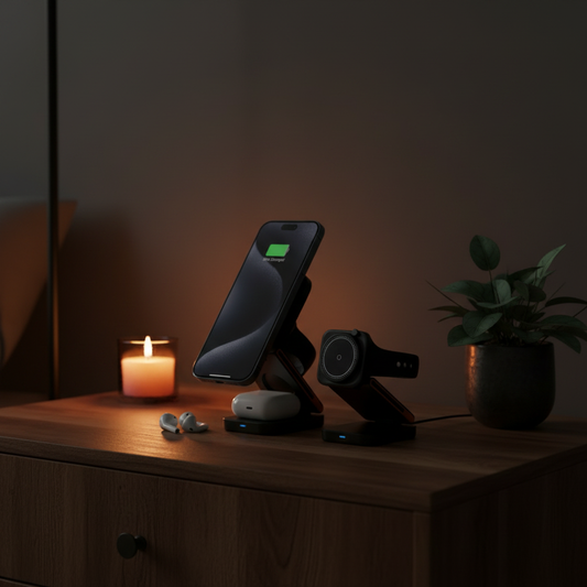 3-in-1 Foldable Magnetic Wireless Charging Station — dark moody lifestyle photography, warm amber tones, cozy night setting