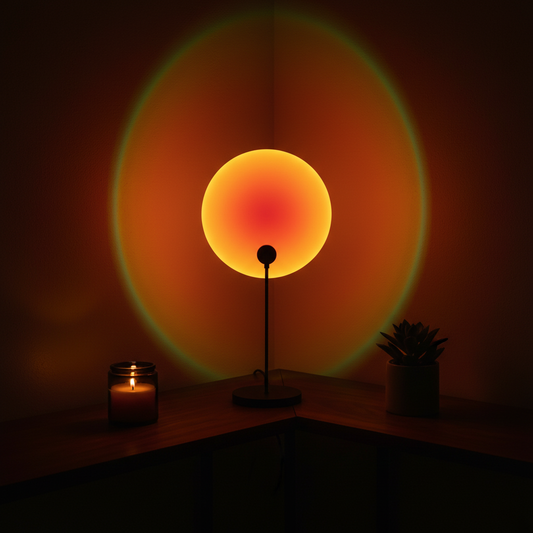 Sunset Projection Lamp — dark moody lifestyle photography, warm amber tones, dramatic sunset projection on dark walls