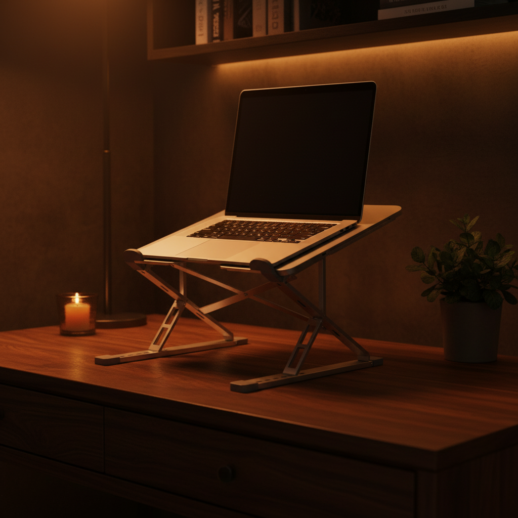Aluminum Laptop Stand — dark moody lifestyle photography, warm amber tones, cozy night setting