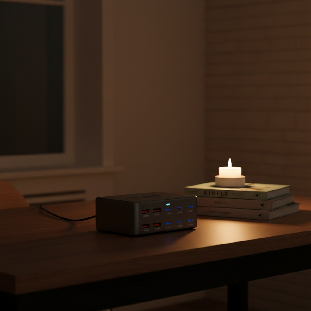 330W Charging Station — dark moody lifestyle photography, warm amber tones, cozy night setting