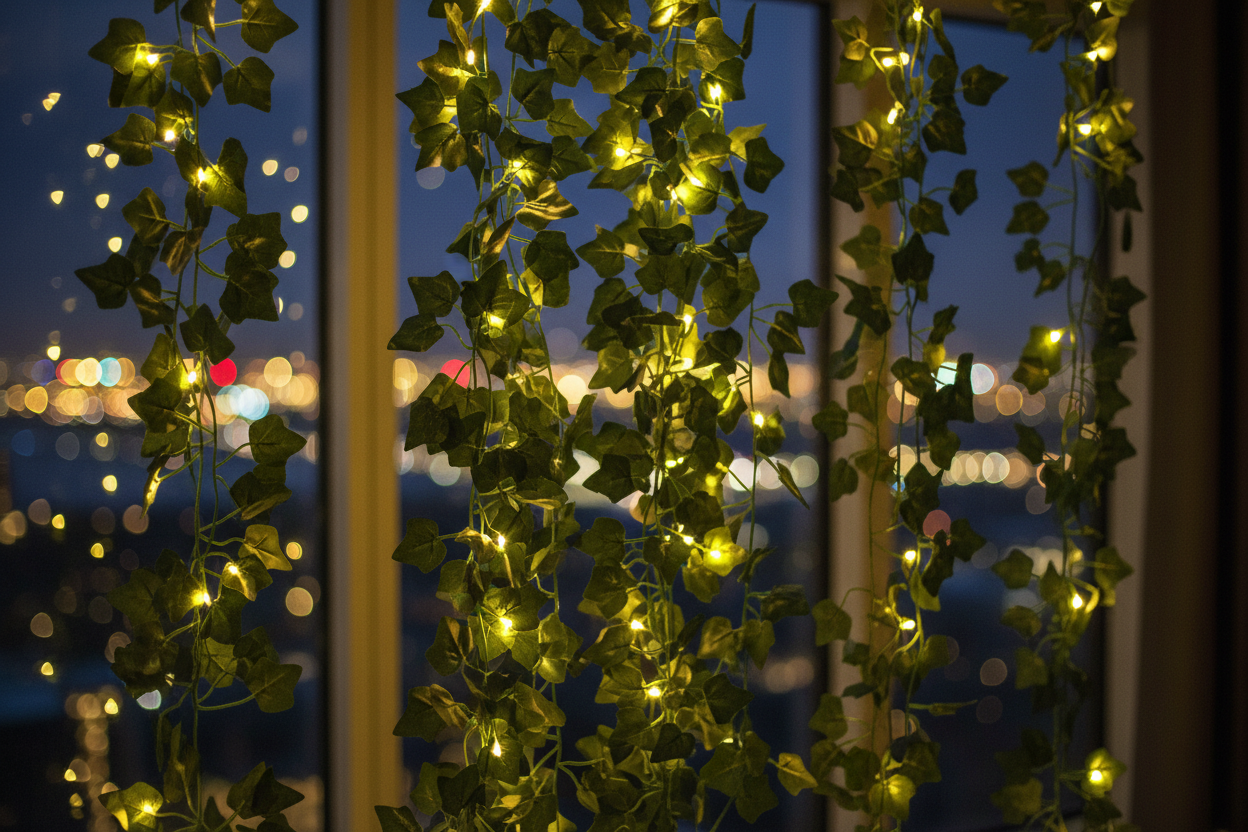 Artificial vine fairy string lights close up in penthouse room
