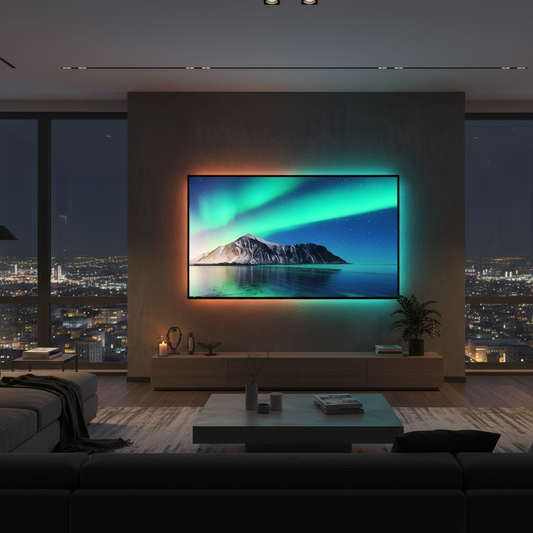 TV Backlight Music Sync RGB LED Strip Light — dark moody lifestyle photography, vivid RGB glow, warm amber and mint green tones