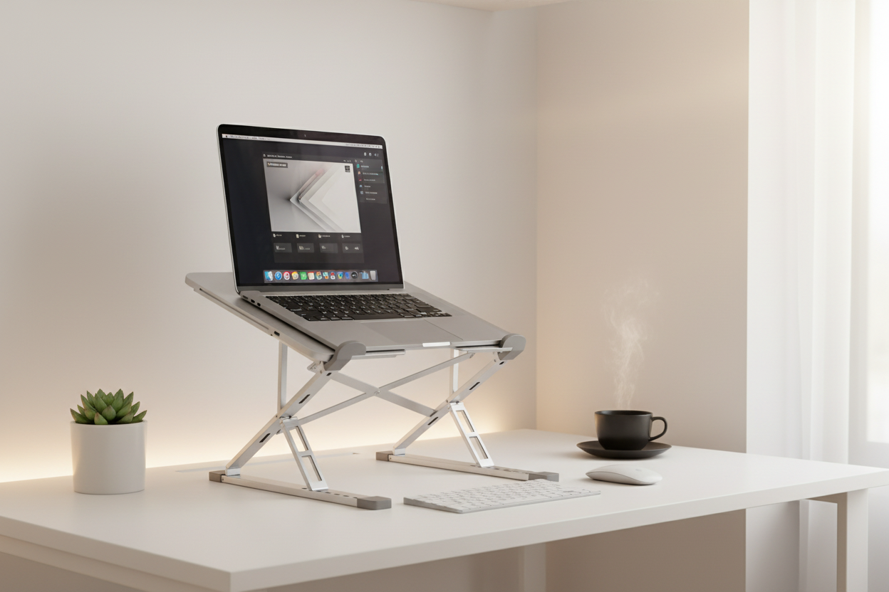 Aluminum laptop stand on desk lifestyle shot