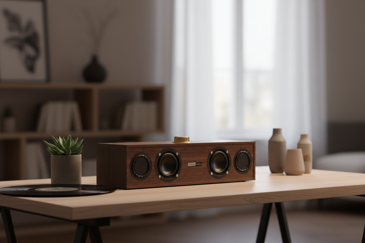 Lenovo C02 retro speaker on aesthetic desk lifestyle shot