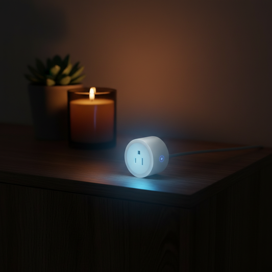 Smart Wi-Fi Plug — dark moody lifestyle photography, warm amber tones, cozy night setting