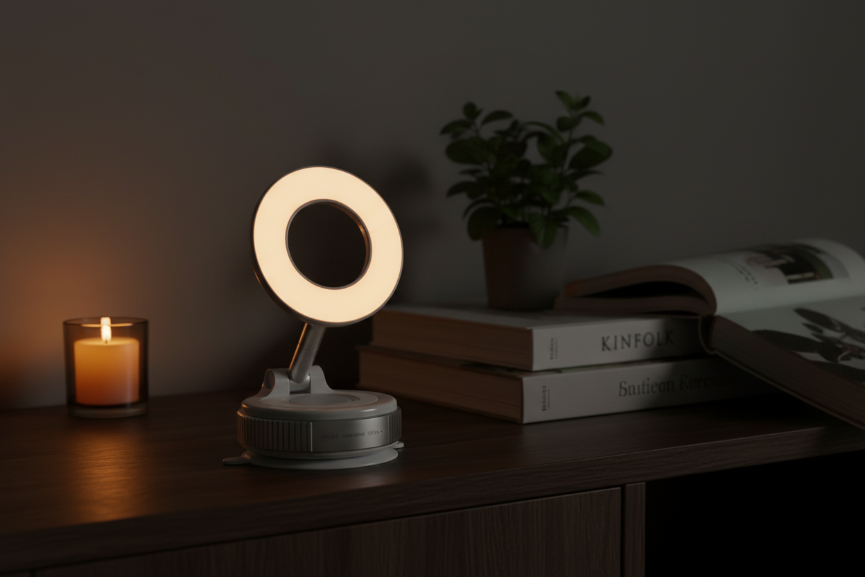 Magnetic Phone Mount — dark moody lifestyle photography, warm amber tones, cozy night setting