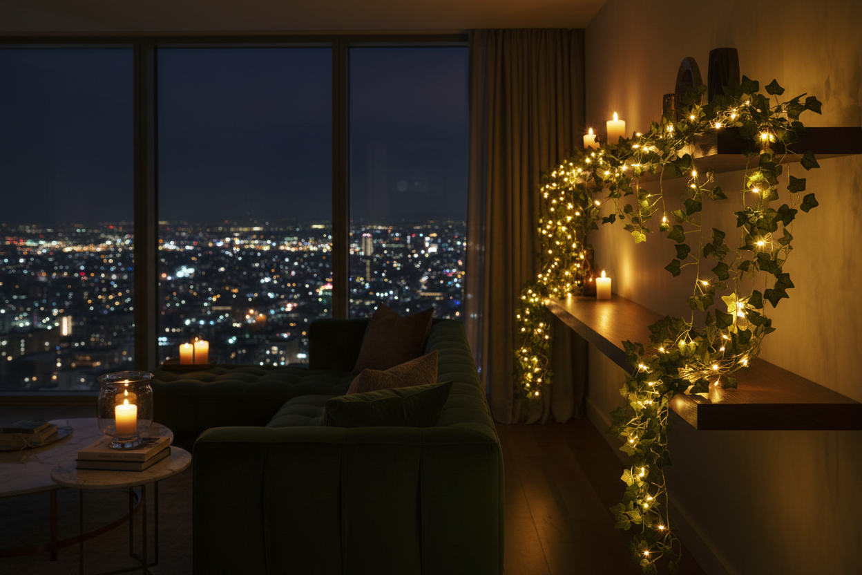 Artificial vine fairy string lights in dimly lit penthouse room
