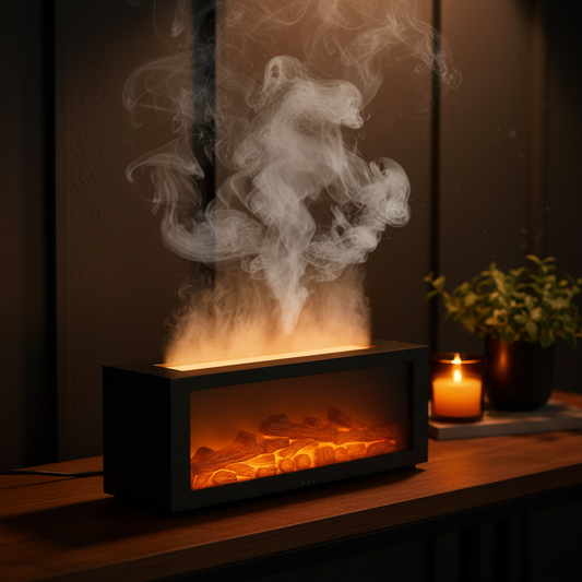 Flame Aroma Diffuser & Humidifier — dark moody lifestyle photography, soft mist rising, warm amber tones, cozy night setting