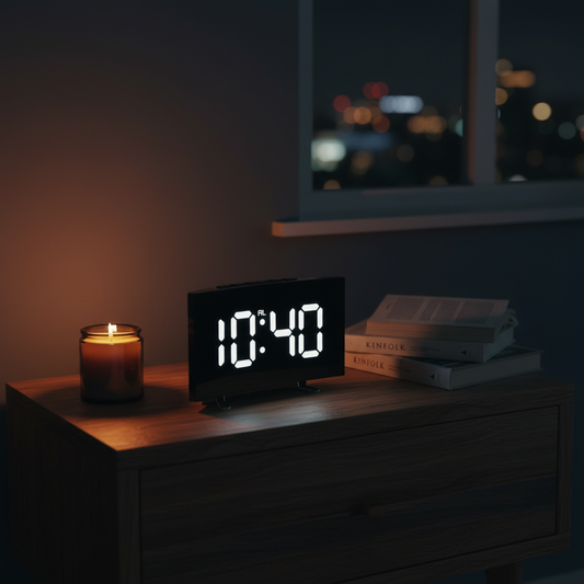 LED Digital Alarm Clock — dark moody lifestyle photography, warm amber tones, cozy night setting